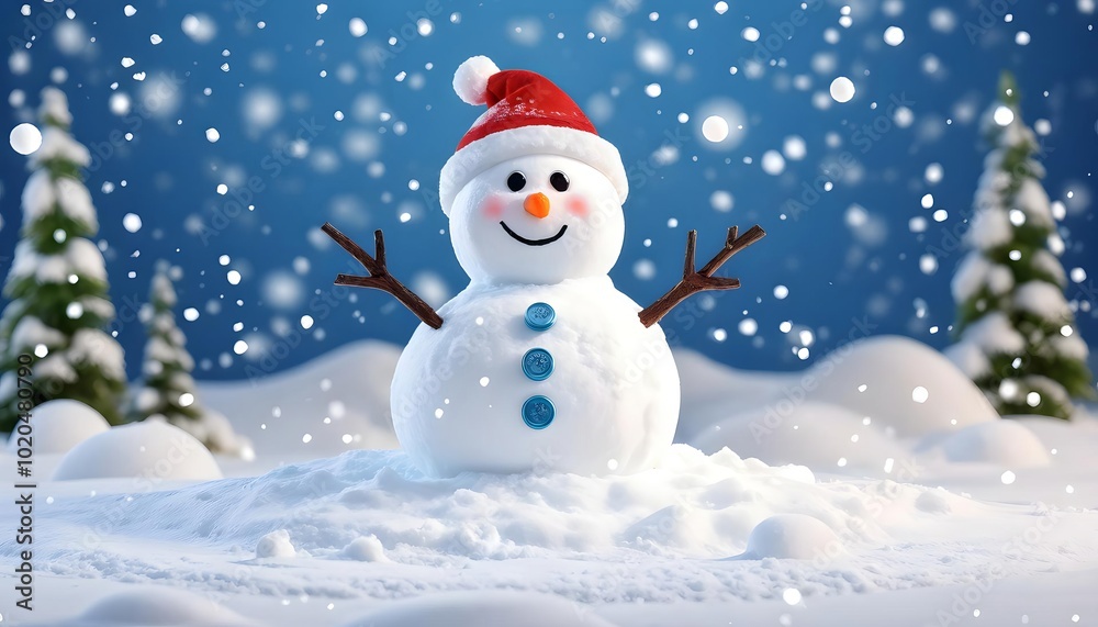 Cheerful snowman with Santa hat in snowy landscape, festive winter holiday greeting Cheerful snowman with Santa hat in snowy landscape, festive winter holiday greeting