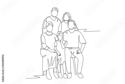 Family posing for photos. Family potrait concept one-line drawing