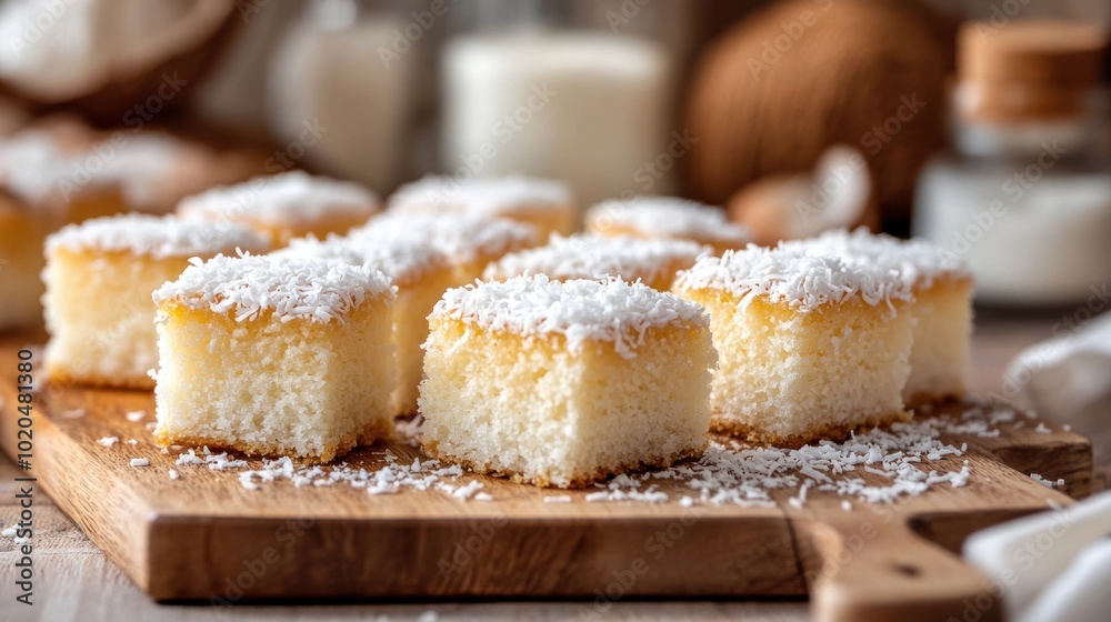 A plate of four slices of white cake with coconut on top. The cake is sitting on a wooden table A plate of four slices of white cake with coconut on top. The cake is sitting on a wooden table