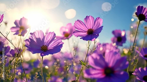 Purple cosmos flowers sway in the gentle breeze on a sunny day