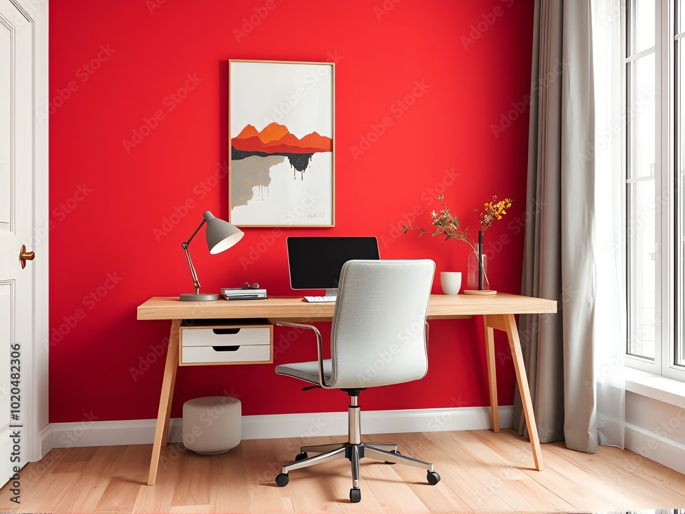 Fototapeta premium A modern home office with a wooden desk against a vibrant red wall. The desk features a computer, a desk lamp, books, and a vase with flowers. A light gray chair sits in front, and landscape painting