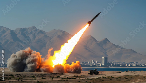 Dynamic Rocket Launch Over Mountainous Landscape and City