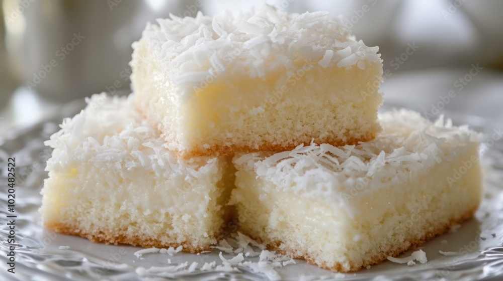 Four pieces of cake with coconut on top. The cake is white and has a coconut topping. The cake is sitting on a wooden table Four pieces of cake with coconut on top. The cake is white and has a coconut topping. The cake is sitting on a wooden table