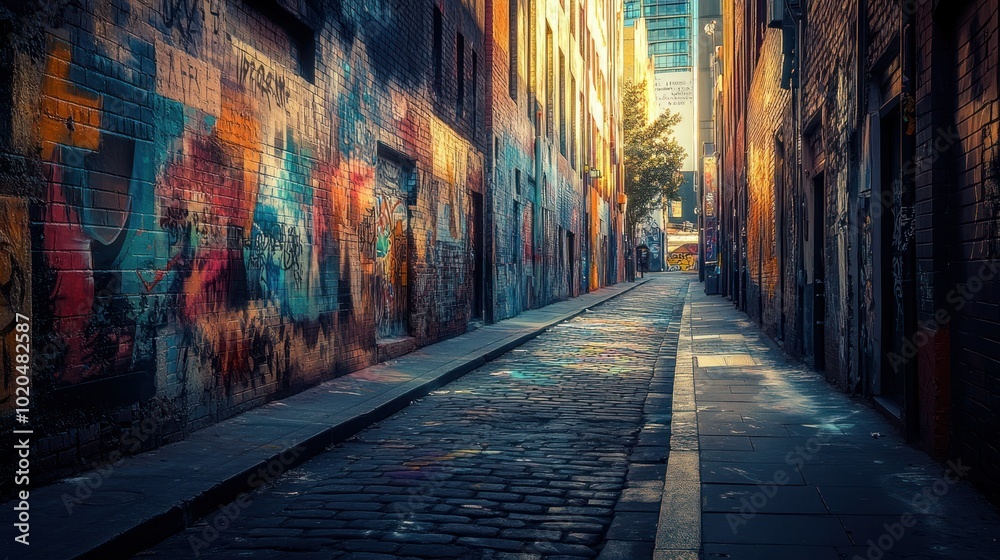 Narrow cobblestone alleyway with graffiti covered brick walls Narrow cobblestone alleyway with graffiti covered brick walls