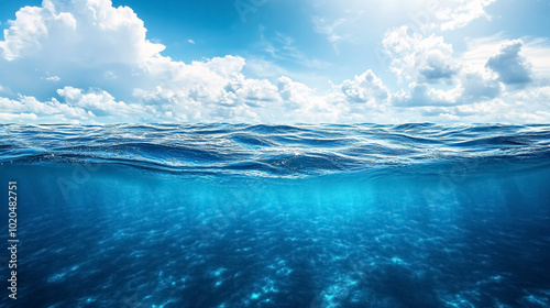 Blue Sea or Ocean Water Surface and Underwater with Sunny and Cloudy Sky: A split view featuring the surface and underwater sections of the ocean, with a mix of sunny and cloudy sky above.