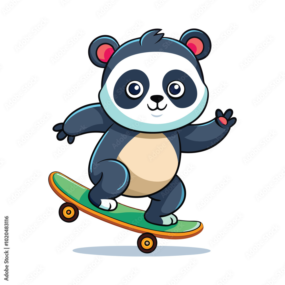 Naklejka premium A panda playing skateboarding. Adorable Panda Skateboarding Illustration - Fun Cartoon Animal Vector for Kids and Designs 