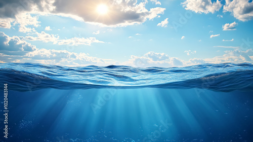 Blue Sea or Ocean Water Surface and Underwater with Sunny and Cloudy Sky: A split view featuring the surface and underwater sections of the ocean, with a mix of sunny and cloudy sky above.