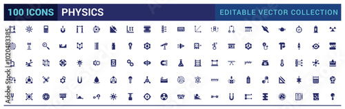 Physics solid icons set. Relatate to atom, brain and more, Filled icon collection, Glyph symbol for web and ui. Editable and pixel perfect, Vector illustration.