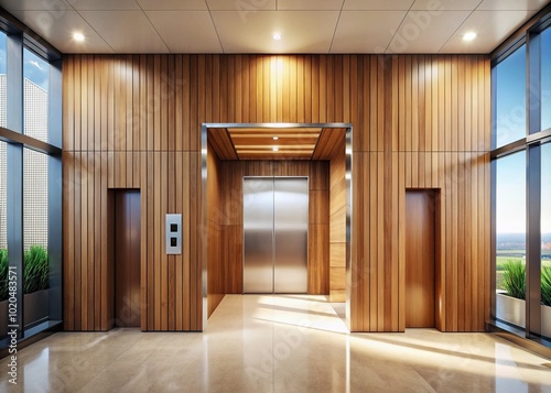 Minimalist Wooden Lift in Modern Office Building Interior for Business Spaces