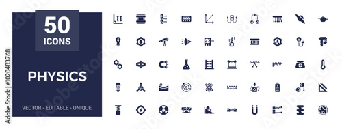 Physics solid icons set. Relatate to atom, brain and more, Filled icon collection, Glyph symbol for web and ui. Editable and pixel perfect, Vector illustration.