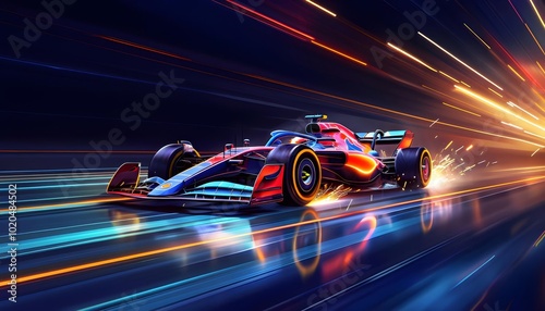 Dynamic racing car illustration with vibrant colors, speed and high energy, motorsport event ad photo