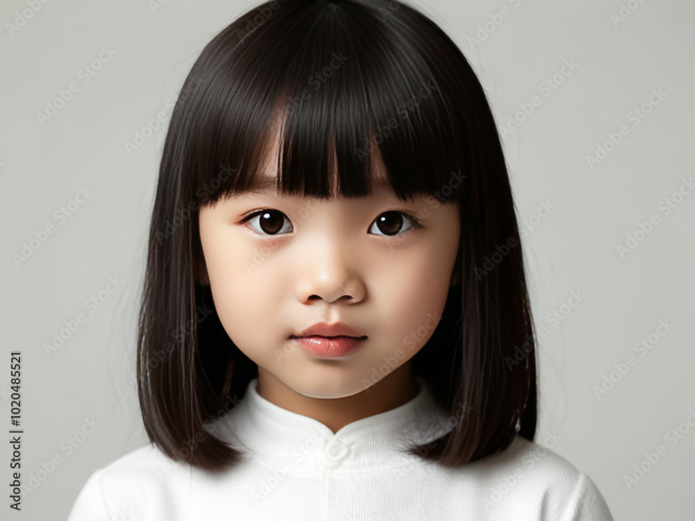 Studio photo of an little chinese girl with straight dark hair and straight bangs on a white background Studio photo of an little chinese girl with straight dark hair and straight bangs on a white background