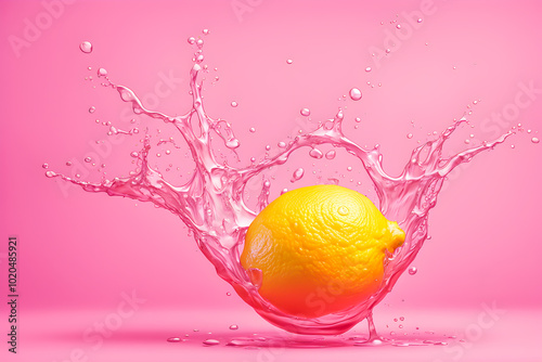 illustration of fresh lemon fruit and liquid splashing on the pink background.	