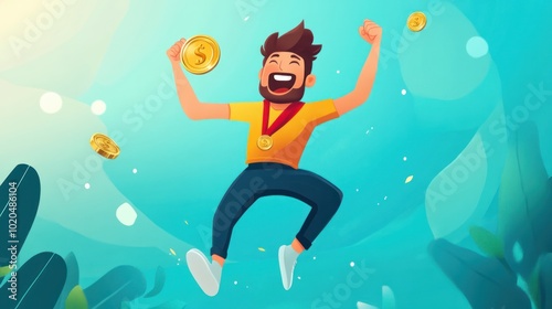 Cheerful cartoon figure holding a winner's medal, jumping with excitement in a lively and fun setting photo