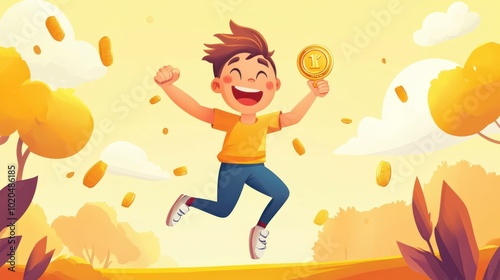 Cheerful cartoon figure holding a winner's medal, jumping with excitement in a lively and fun setting