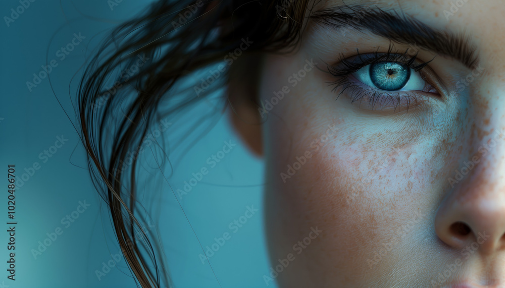 Fototapeta premium Close-Up Photograph of a Woman's Blue Eye with Freckles and Natural Lighting