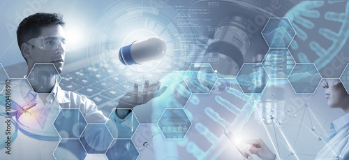 Double exposure  of medical equipment and scientists working in research laboratory. Conceptual image for biotechnology innovation and discoveries.