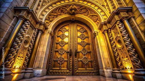 Ornate Golden Doors Silhouette in Grand Stone Archway - Stunning Architectural Photography