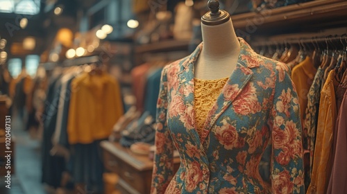 A floral patterned jacket on a mannequin in a clothing store.