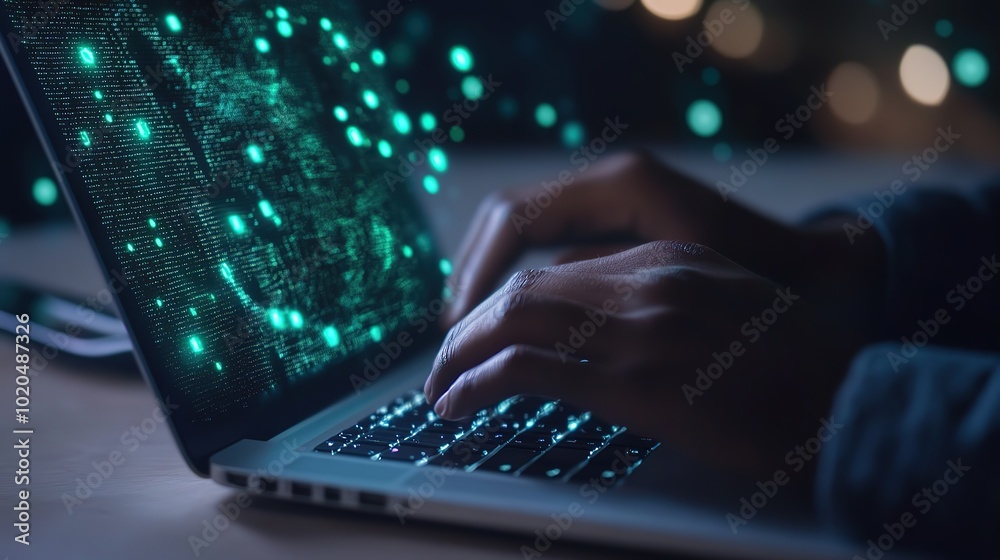 Hands typing on laptop with cybersecurity holograms on background Hands typing on laptop with cybersecurity holograms on background