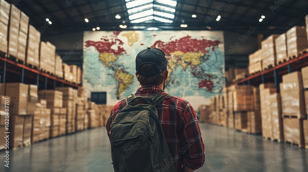 supply chain management in a warehouse worker examining a map with pins marking international suppliers logistics global trade and distribution networks emphasizing supply chain efficiency supply chain management in a warehouse worker examining a map with pins marking international suppliers logistics global trade and distribution networks emphasizing supply chain efficiency