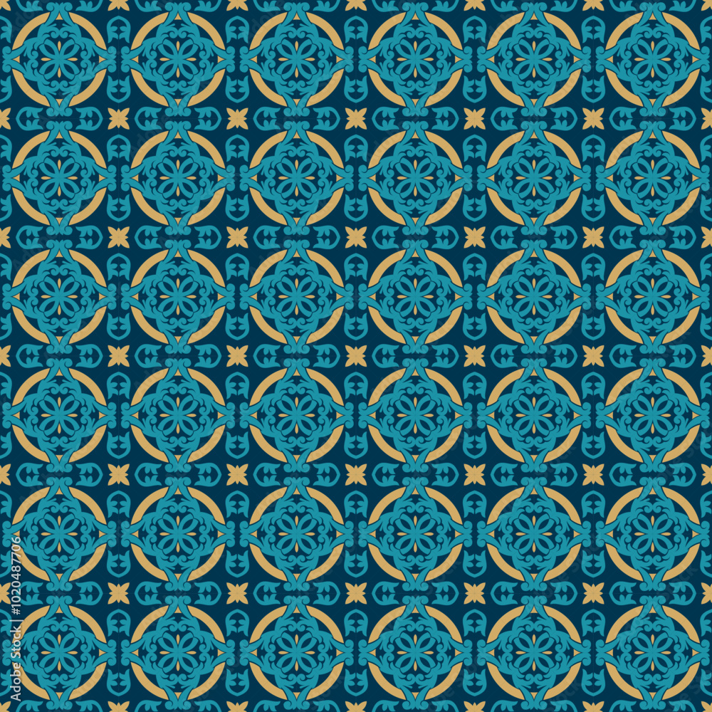 Blue and gold floral pattern, victorian and damask porcelain decorative wallpaper decor. talavera pattern design