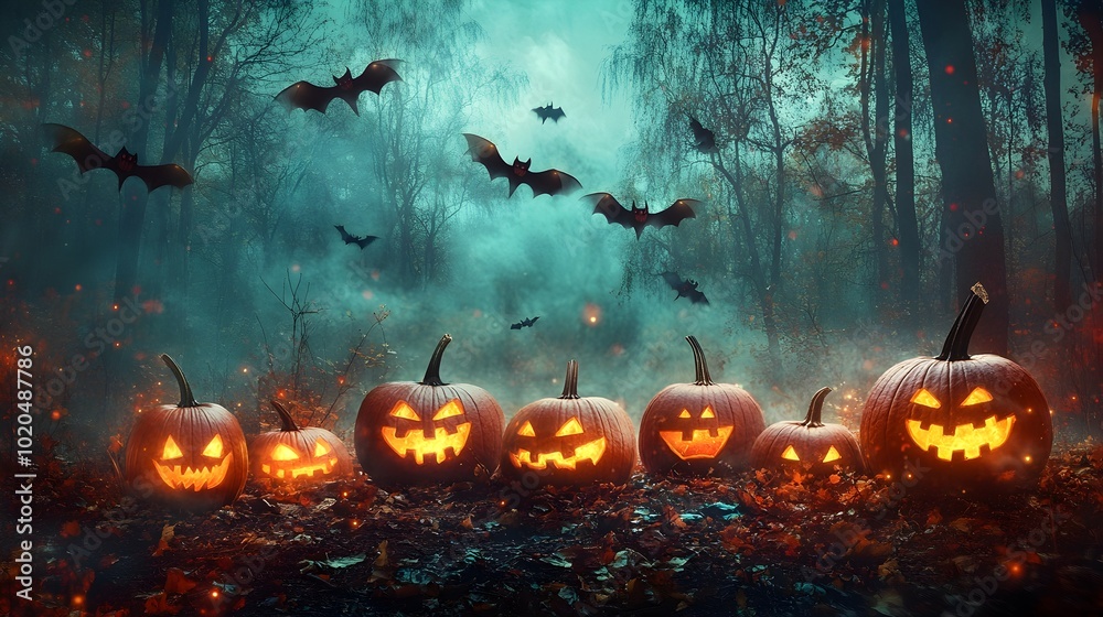 Carved Pumpkins with Glowing Faces in Spooky Forest Clearing with Bats Overhead Carved Pumpkins with Glowing Faces in Spooky Forest Clearing with Bats Overhead