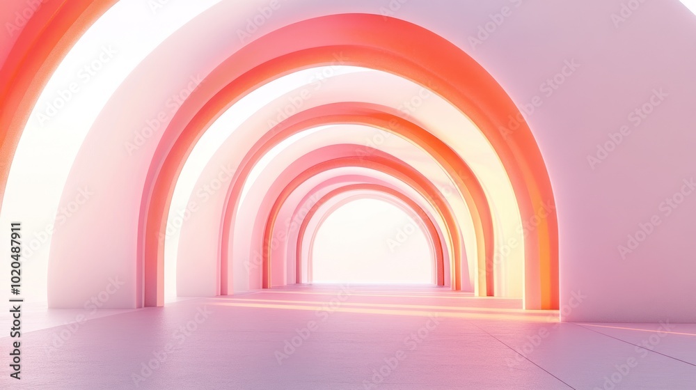 A long hallway with orange walls and orange steps. The steps are in a row and the hallway is very long A long hallway with orange walls and orange steps. The steps are in a row and the hallway is very long
