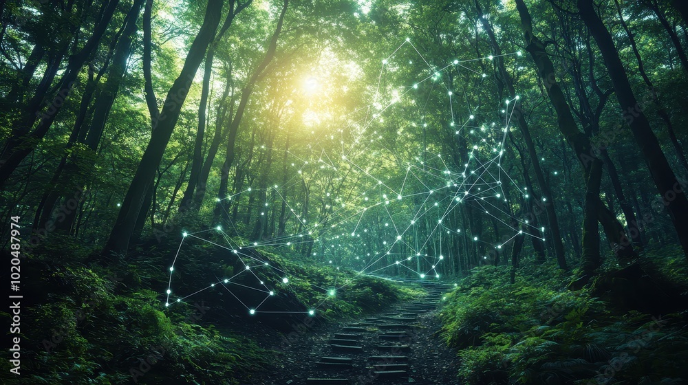 Obraz premium A serene forest scene with sunlight filtering through trees, creating a peaceful atmosphere enriched by digital connections