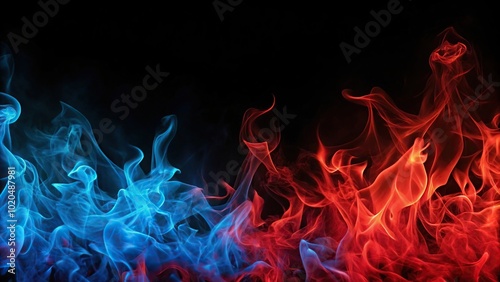 Fire background with red and blue flames on black background, minimalist style