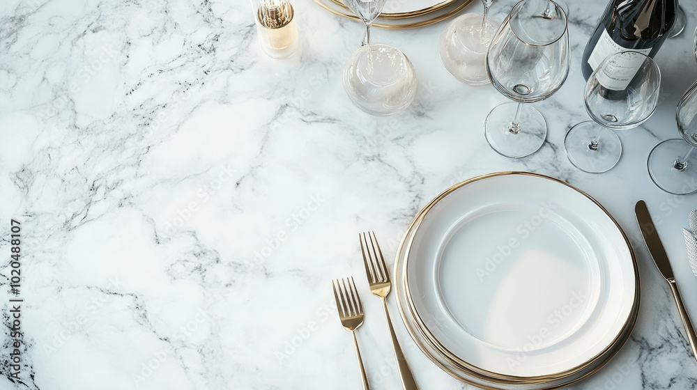 Elegant dining table arrangement with plates, cutlery, and wine glasses on a marble surface, leaving room for copy Elegant dining table arrangement with plates, cutlery, and wine glasses on a marble surface, leaving room for copy