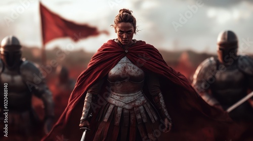 A determined female warrior, wearing armor and a billowing red cape, stands unyielding on the battlefield, embodying bravery and readiness amidst conflict.