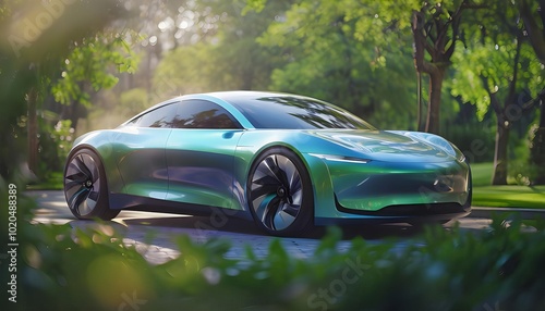 Futuristic electric car in lush green setting, symbolizing innovation and sustainability