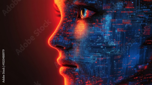 Profile of human face integrated with digital circuits, showcasing artificial intelligence technology, futuristic concept, neural networks, glowing tech patterns, cyber AI innovation, science fiction photo