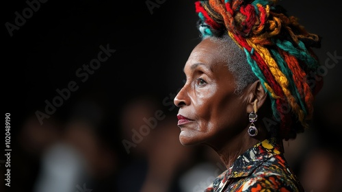 A portrait of an elegant woman in profile, showcasing her colorful, intricately styled head wrap, symbolizing cultural richness and vibrant individuality.