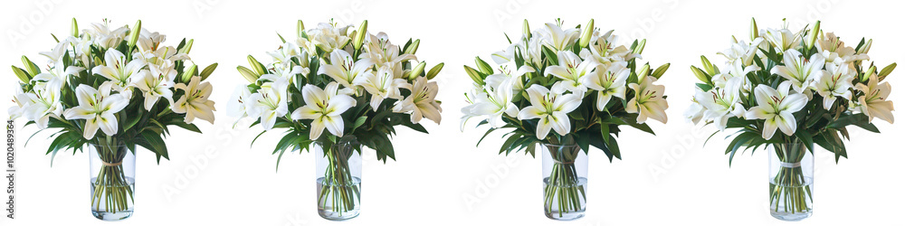 collection Set of A large bouquet of white lilies in a clear glass vase, against on a transparent background cutout, PNG file. Mockup template collection Set of A large bouquet of white lilies in a clear glass vase, against on a transparent background cutout, PNG file. Mockup template