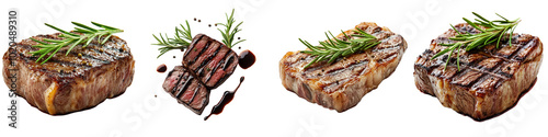 collection Set of A juicy steak with rosemary, isolated on a transparent background cutout, PNG file. Mockup template