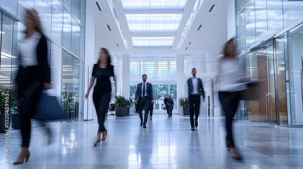 Blurred group of busy business people moving through a corporate office space. Blurred group of busy business people moving through a corporate office space.