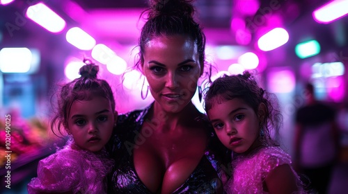 In a vibrant neon-lit market, a mother holds her twin daughters, all sporting shimmering attire, creating a sparkling snapshot of familial love at dusk. photo