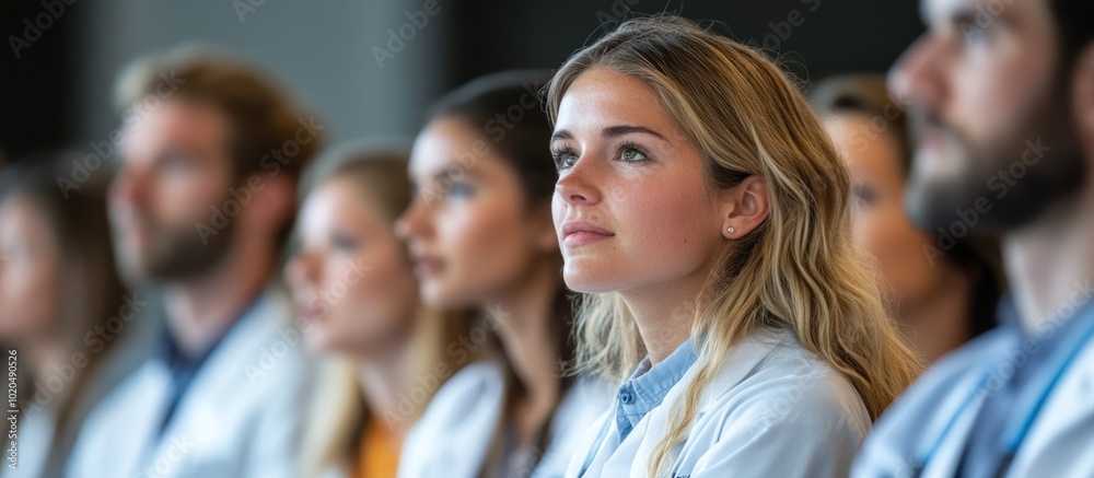Obraz premium A group of young people in white coats listen attentively to a speaker.