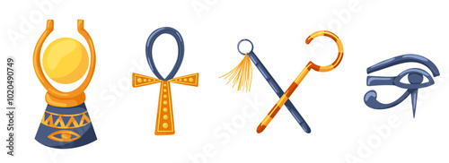 Set with ancient Egypt symbols. Aten, ankh, eye of Horus, heka, nakhakha. Cartoon hand drawn vector illustration isolated on white background. Print for sticker, logo, web
