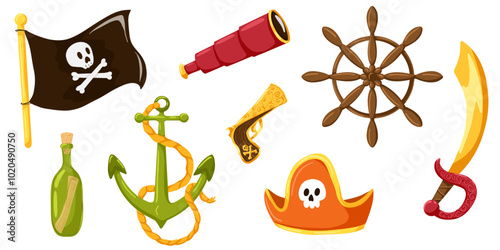Cartoon pirate elements. Flag, steering wheel, anchor, gold revolver, bottle with a map, sword, hat, spyglass, pirates sea adventure vector set. Childish marine stickers on white background