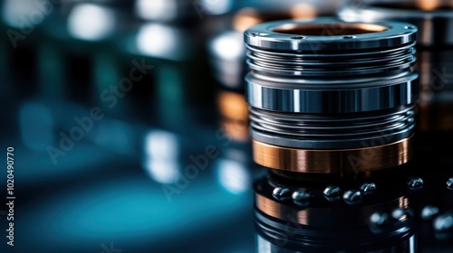 Detailed image of a mechanical component featuring metal threads and a copper ring, reflecting light on a polished surface, evoking a sense of engineering precision. photo