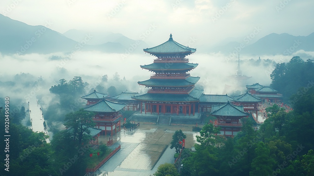 An aerial view of a traditional Japanese temple surrounded by mist and mountains. An aerial view of a traditional Japanese temple surrounded by mist and mountains.