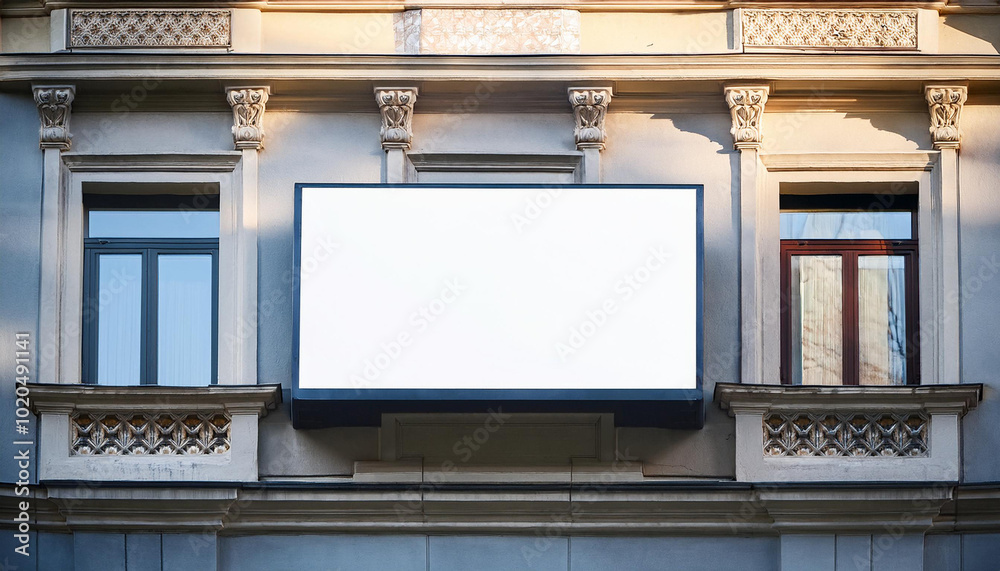 Signboard poster mockup on a building facade for display advertising and branding campaign Signboard poster mockup on a building facade for display advertising and branding campaign