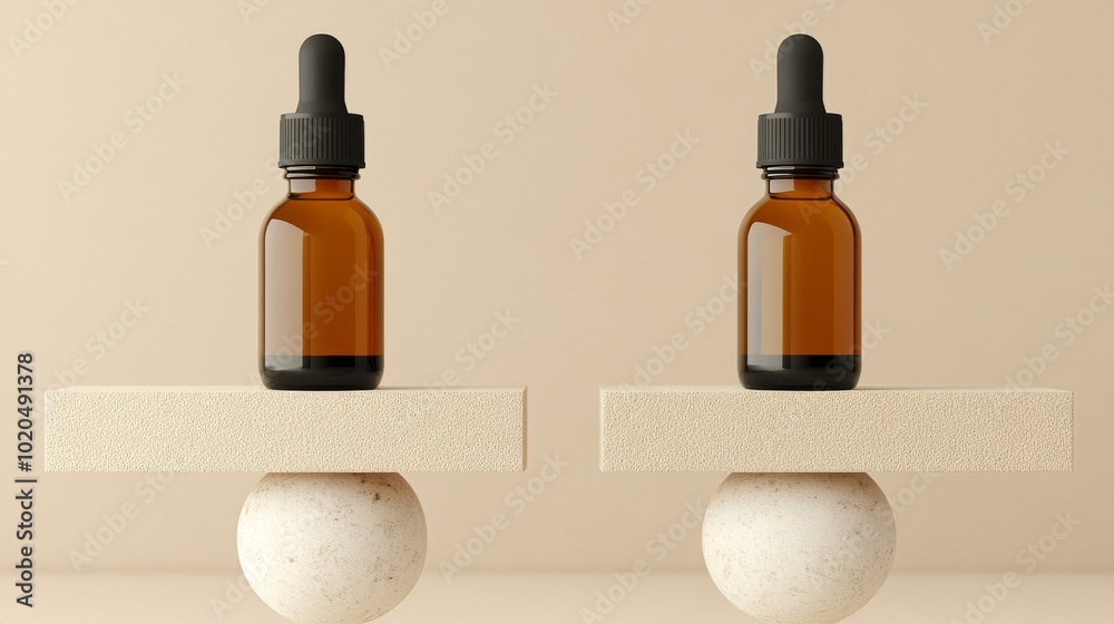 Packaging concept for skincare products. Mockup of dropper bottles on a beige background. Packaging concept for skincare products. Mockup of dropper bottles on a beige background.