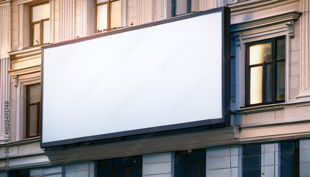 Signboard poster mockup on a building facade for display advertising and branding campaign Signboard poster mockup on a building facade for display advertising and branding campaign