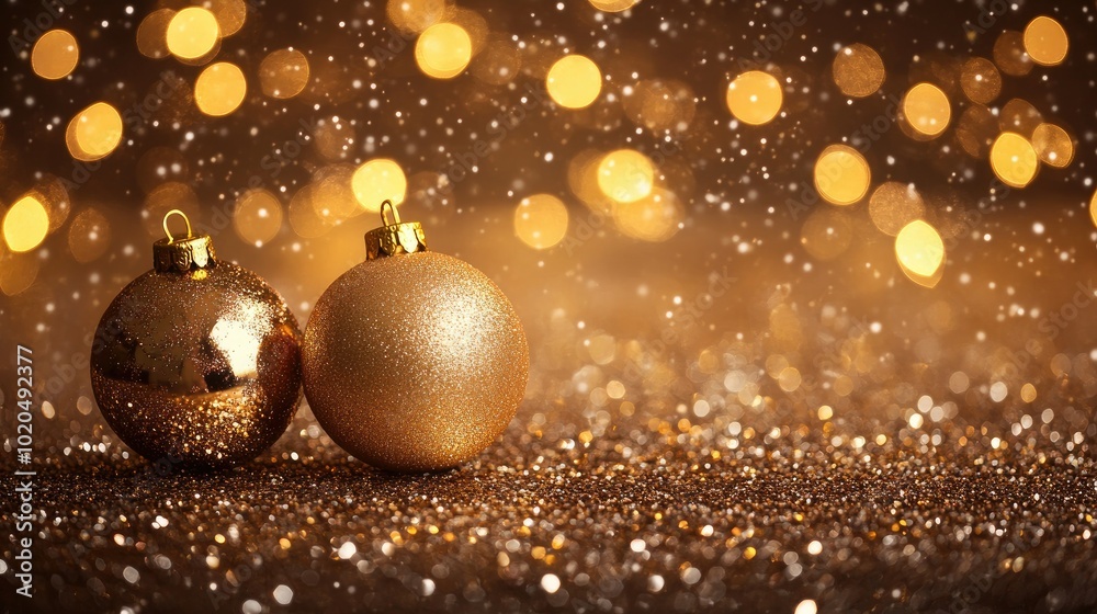 Golden Christmas baubles on a glittery background with room for festive text Golden Christmas baubles on a glittery background with room for festive text
