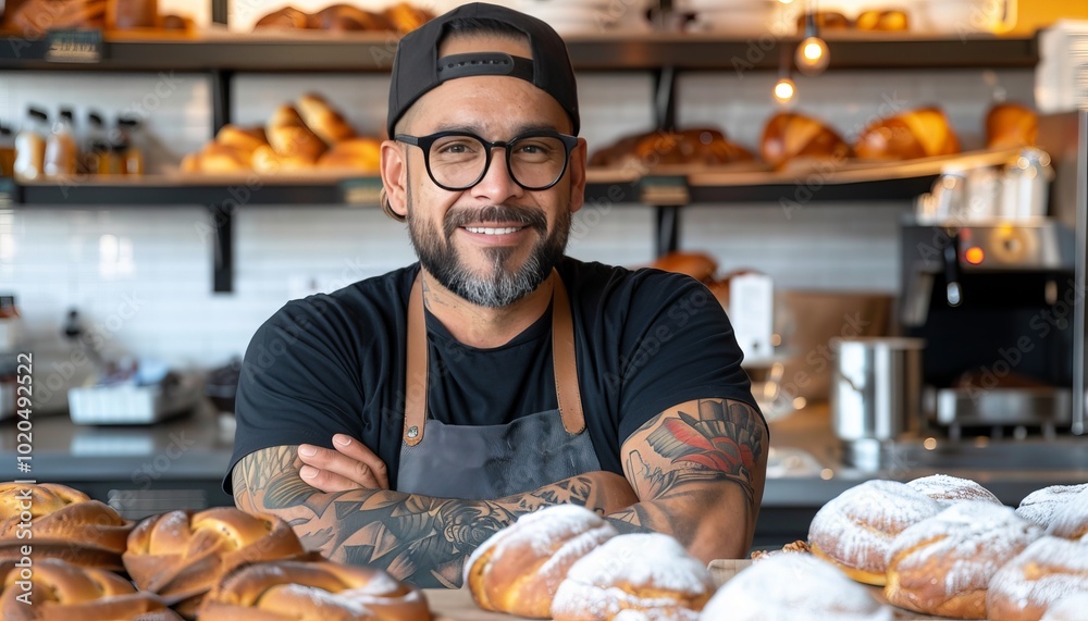 Proud bakery owner showcases freshly baked goods behind the counter in a cozy bakery setting