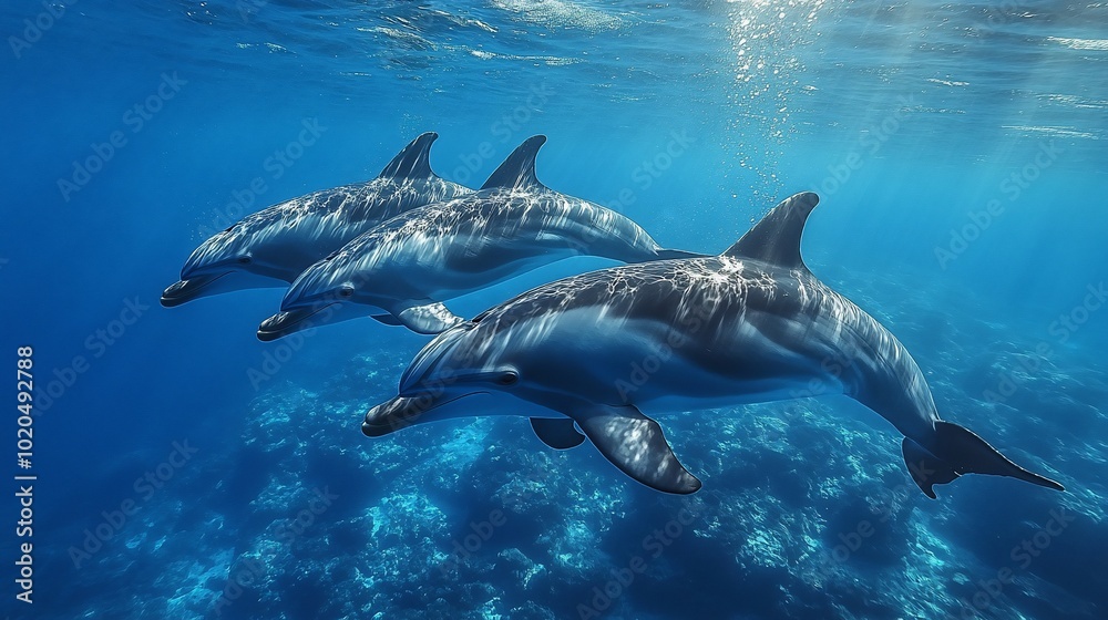 Three dolphins swim gracefully through the clear blue water, sunlight shining through the surface. Three dolphins swim gracefully through the clear blue water, sunlight shining through the surface.